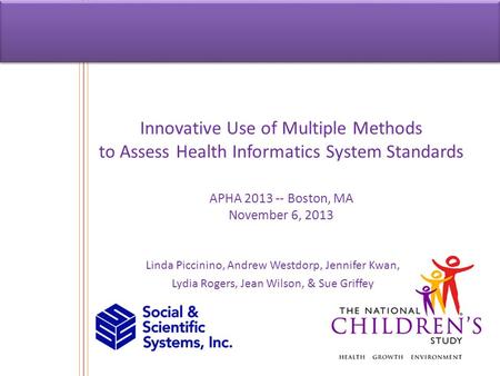 Innovative Use of Multiple Methods to Assess Health Informatics System Standards APHA 2013 -- Boston, MA November 6, 2013 Linda Piccinino, Andrew Westdorp,
