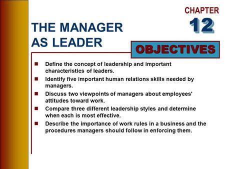 CHAPTER OBJECTIVES THE MANAGER AS LEADER nDefine the concept of leadership and important characteristics of leaders. nIdentify five important human relations.