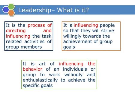 Leadership– What is it? It is the process of directing and influencing the task related activities of group members It is influencing people so that they.