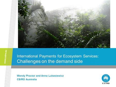 International Payments for Ecosystem Services: Challenges on the demand side Wendy Proctor and Anna Lukasiewicz CSIRO Australia.