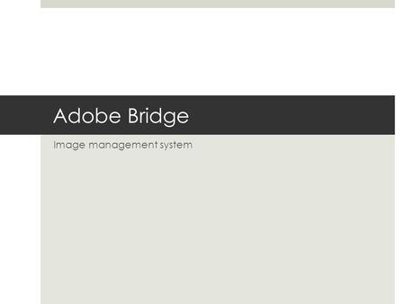Adobe Bridge Image management system. Used by Photographers to…  Browse, view and organize photos  Import images and batch rename  Organize images.