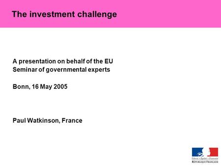 A presentation on behalf of the EU Seminar of governmental experts Bonn, 16 May 2005 Paul Watkinson, France The investment challenge.