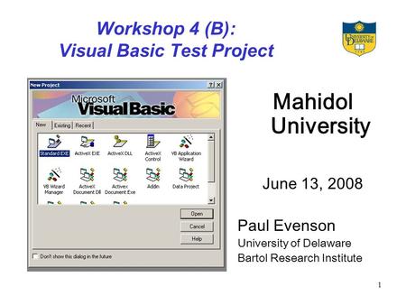 1 Workshop 4 (B): Visual Basic Test Project Mahidol University June 13, 2008 Paul Evenson University of Delaware Bartol Research Institute.