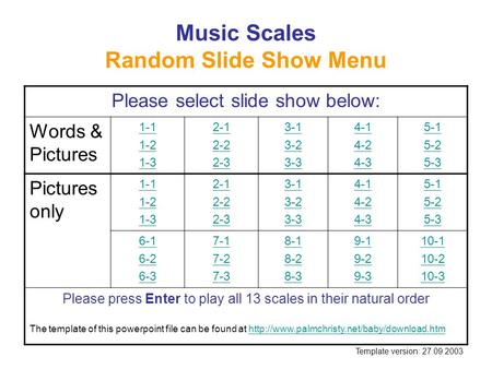 Music Scales Random Slide Show Menu Please select slide show below: Words & Pictures 1-1 1-2 1-3 2-1 2-2 2-3 3-1 3-2 3-3 4-1 4-2 4-3 5-1 5-2 5-3 Pictures.
