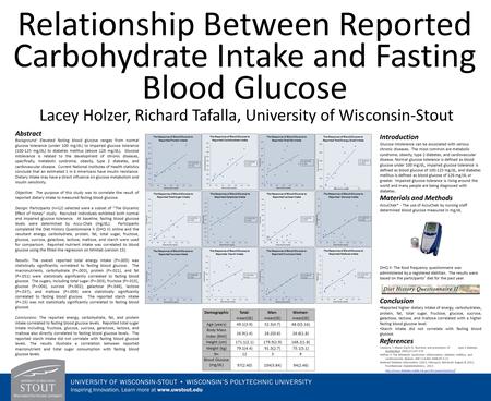 Relationship Between Reported Carbohydrate Intake and Fasting Blood Glucose Lacey Holzer, Richard Tafalla, University of Wisconsin-Stout Abstract Background: