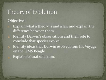 Theory of Evolution Objectives: