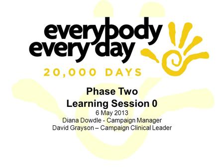 Phase Two Learning Session 0 6 May 2013 Diana Dowdle - Campaign Manager David Grayson – Campaign Clinical Leader.