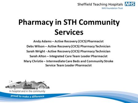 Pharmacy in STH Community Services Andy Adams – Active Recovery (CICS) Pharmacist Debs Wilson – Active Recovery (CICS) Pharmacy Technician Sarah Wright.