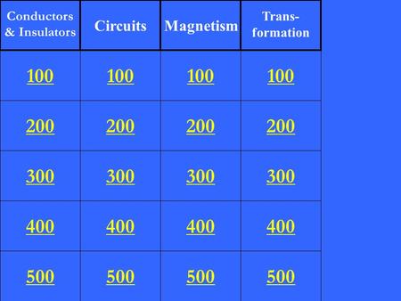 200 300 400 500 100 200 300 400 500 100 200 300 400 500 100 200 300 400 500 100 Conductors & Insulators CircuitsMagnetism Trans- formation.