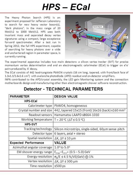HPS – ECal Detector - TECHNICAL PARAMETERS The experimental apparatus includes two main detectors: a silicon vertex tracker (SVT) for precise momentum.