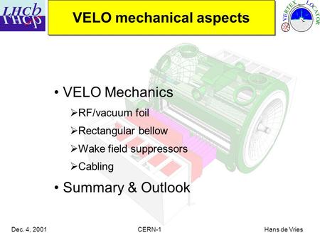 Dec. 4, 2001 CERN-1 Hans de Vries VELO Mechanics  RF/vacuum foil  Rectangular bellow  Wake field suppressors  Cabling Summary & Outlook VELO mechanical.