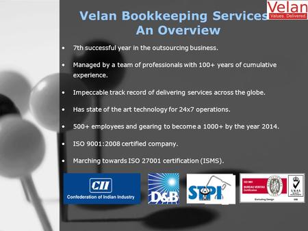 Velan Bookkeeping Services– An Overview 7th successful year in the outsourcing business. Managed by a team of professionals with 100+ years of cumulative.