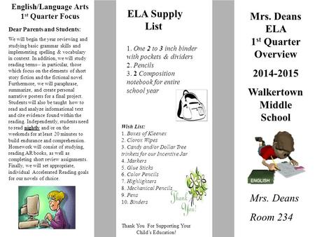 English/Language Arts 1 st Quarter Focus Thank You For Supporting Your Child’s Education! Mrs. Deans ELA 1 st Quarter Overview 2014-2015 Walkertown Middle.