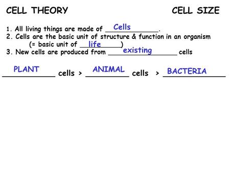 CELL THEORY CELL SIZE Cells life existing PLANT ANIMAL BACTERIA