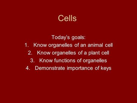 Cells Today’s goals: Know organelles of an animal cell