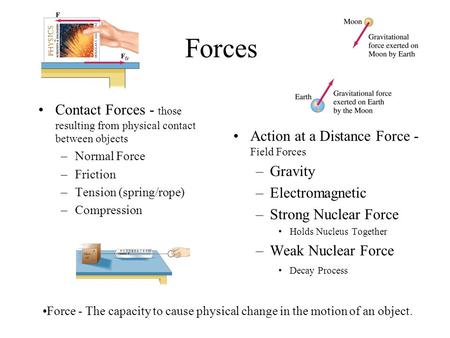 Forces Contact Forces - those resulting from physical contact between objects –Normal Force –Friction –Tension (spring/rope) –Compression Action at a Distance.