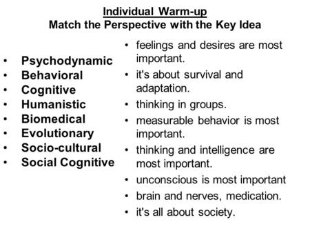 Individual Warm-up Match the Perspective with the Key Idea Psychodynamic Behavioral Cognitive Humanistic Biomedical Evolutionary Socio-cultural Social.
