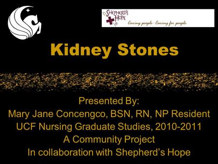 Kidney Stones Presented By: Mary Jane Concengco, BSN, RN, NP Resident UCF Nursing Graduate Studies, 2010-2011 A Community Project In collaboration with.