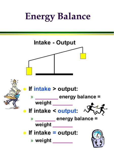 Energy Balance l If intake > output: »________ energy balance = weight _______ l If intake < output: »_______ energy balance = weight _______ l If intake.