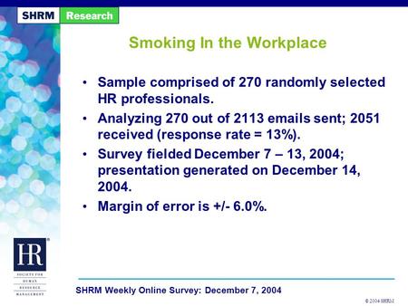 © 2004 SHRM SHRM Weekly Online Survey: December 7, 2004 Smoking In the Workplace Sample comprised of 270 randomly selected HR professionals. Analyzing.