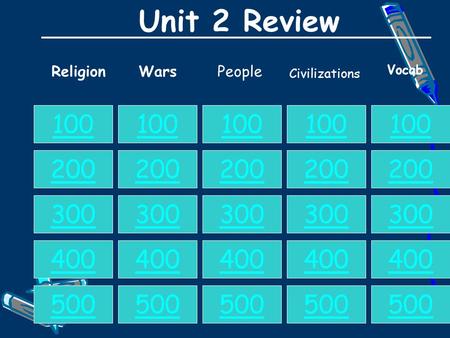 Unit 2 Review ReligionWarsPeople 100 200 300 400 500 100 200 300 400 500 100 200 300 400 500 100 200 300 400 500 100 200 300 400 500 Vocab Civilizations.