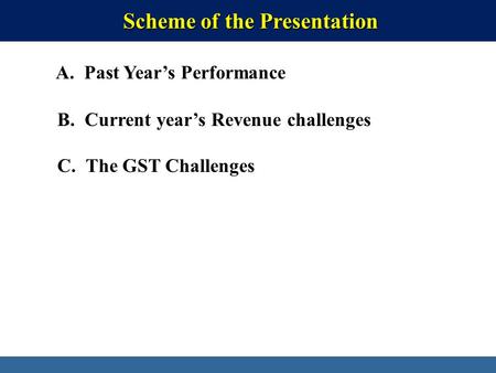 Directorate General of Systems & Data Management, CBEC Scheme of the Presentation Scheme of the Presentation A. Past Year’s Performance B. Current year’s.