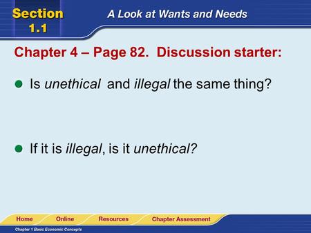Chapter 4 – Page 82. Discussion starter: Is unethical and illegal the same thing? If it is illegal, is it unethical?