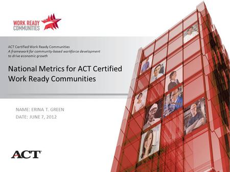 ACT Certified Work Ready Communities A framework for community-based workforce development to drive economic growth National Metrics for ACT Certified.