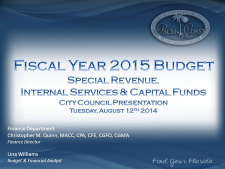 Finance Department Christopher M. Quinn, MACC, CPA, CFE, CGFO, CGMA Finance Director Lina Williams Budget & Financial Analyst.