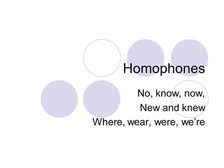 Homophones No, know, now, New and knew Where, wear, were, we’re.
