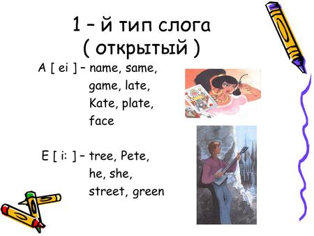 1 – й тип слога ( открытый ) A [ ei ] – name, same, game, late, Kate, plate, face E [ i: ] – tree, Pete, he, she, street, green.