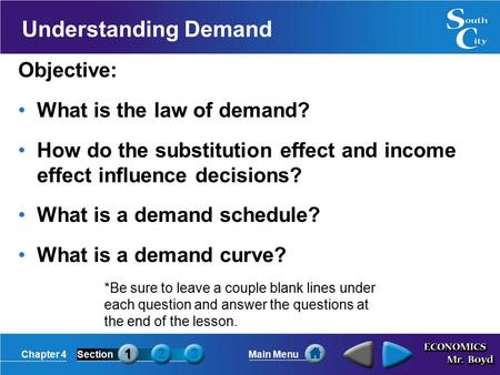 Chapter 4SectionMain Menu Understanding Demand Objective: What is the law of demand? How do the substitution effect and income effect influence decisions?
