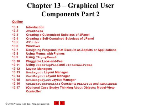  2002 Prentice Hall, Inc. All rights reserved. Chapter 13 – Graphical User Components Part 2 Outline 13.1 Introduction 13.2 JTextArea 13.3 Creating a.