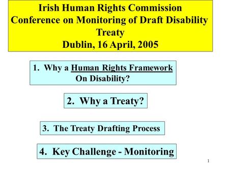 1 Irish Human Rights Commission Conference on Monitoring of Draft Disability Treaty Dublin, 16 April, 2005 1. Why a Human Rights Framework On Disability?
