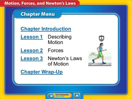 Chapter Menu Chapter Introduction Lesson 1Lesson 1Describing Motion Lesson 2Lesson 2Forces Lesson 3Lesson 3Newton’s Laws of Motion Chapter Wrap-Up.