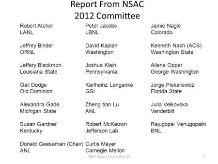 Report From NSAC 2012 Committee Robert AtcherPeter JacobsJamie Nagle LANLLBNLColorado Jeffrey BinderDavid KaplanKenneth Nash (ACS) ORNLWashingtonWashington.
