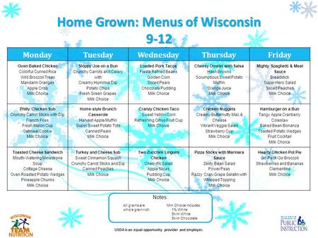 USDA is an equal opportunity provider and employer. Home Grown: Menus of Wisconsin 9-12 Notes: Milk Choice includes: 1% White Skim White Skim Chocolate.