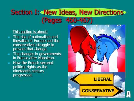 Section I: New Ideas, New Directions (Pages 460-467) This section is about: This section is about: The rise of nationalism and liberalism in Europe and.