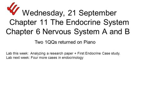 Wednesday, 21 September Chapter 11 The Endocrine System Chapter 6 Nervous System A and B Two 1QQs returned on Piano Lab this week: Analyzing a research.