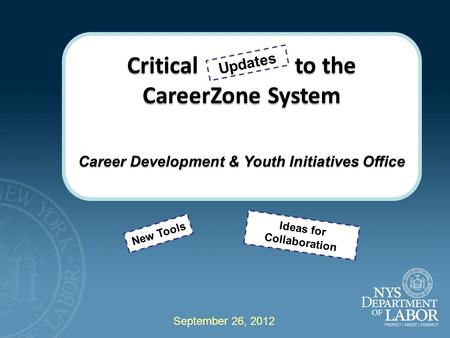 Critical to the CareerZone System Career Development & Youth Initiatives Office New Tools Updates Ideas for Collaboration September 26, 2012.