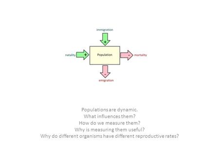 Populations are dynamic. What influences them? How do we measure them? Why is measuring them useful? Why do different organisms have different reproductive.
