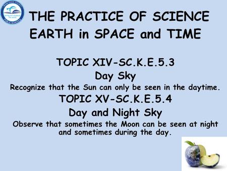THE PRACTICE OF SCIENCE EARTH in SPACE and TIME TOPIC XIV-SC.K.E.5.3 Day Sky Recognize that the Sun can only be seen in the daytime. TOPIC XV-SC.K.E.5.4.