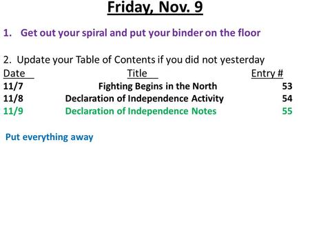 Friday, Nov. 9 1.Get out your spiral and put your binder on the floor 2. Update your Table of Contents if you did not yesterday DateTitleEntry # 11/7 Fighting.