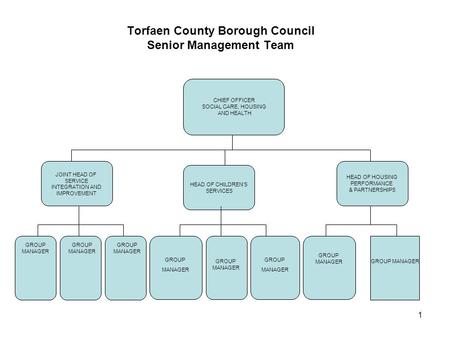1 Torfaen County Borough Council Senior Management Team HEAD OF HOUSING PERFORMANCE & PARTNERSHIPS GROUP MANAGER CHIEF OFFICER SOCIAL CARE, HOUSING AND.