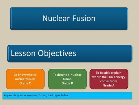 Lesson Objectives Nuclear Fusion Keywords: proton; neutron; fusion; hydrogen; helium To know what is nuclear fusion Grade C To describe nuclear fusion.
