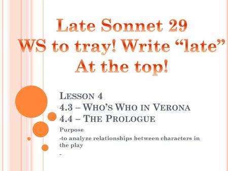 L ESSON 4 4.3 – W HO ’ S W HO IN V ERONA 4.4 – T HE P ROLOGUE Purpose -to analyze relationships between characters in the play -