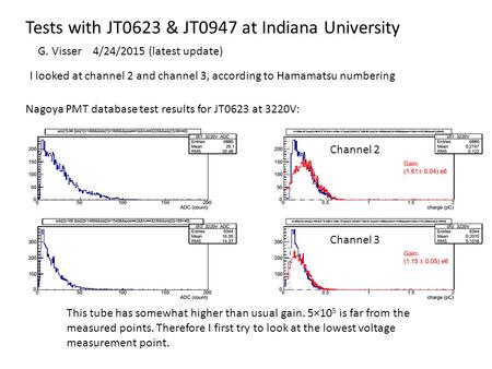 Tests with JT0623 & JT0947 at Indiana University Nagoya PMT database test results for JT0623 at 3220V: This tube has somewhat higher than usual gain. 5×10.