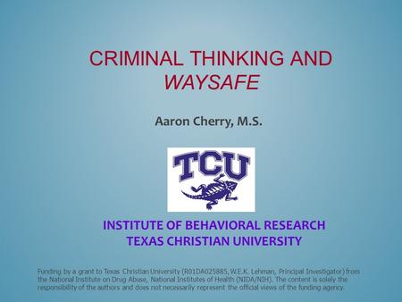 Funding by a grant to Texas Christian University (R01DA025885, W.E.K. Lehman, Principal Investigator) from the National Institute on Drug Abuse, National.