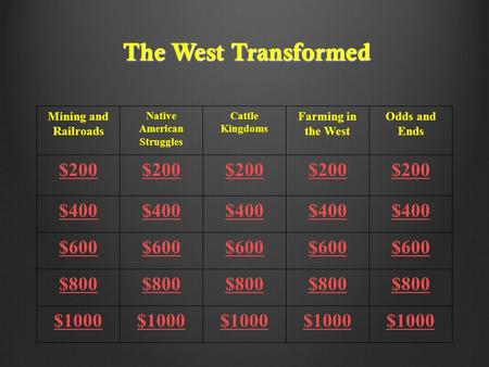 The West Transformed Mining and Railroads Native American Struggles Cattle Kingdoms Farming in the West Odds and Ends $200 $400 $600 $800 $1000.