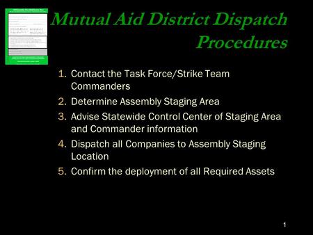 1 Mutual Aid District Dispatch Procedures 1.Contact the Task Force/Strike Team Commanders 2.Determine Assembly Staging Area 3.Advise Statewide Control.